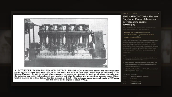 The inspect overlay open on a 1905 Automotor Journal illustration of a six-cylinder Panhard-Levassor petrol marine engine. The side panel shows the title, a summary, three sourced facts, and an attribution and license block: author 1905-01-21 Automotor Journal p.74, license Public domain, source Wikimedia Commons, article Wikipedia (CC BY-SA).