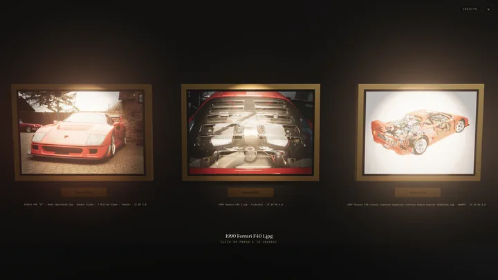 Three gold-framed Ferrari F40 photographs on the hall wall: a red F40 outside a brick building, a close-up of the louvred rear engine cover, and a cutaway illustration, each with its attribution line below: Gordon Calder, CC BY 2.0; Fishyfool, CC BY-SA 4.0; NBRM97, CC BY-SA 4.0. The middle frame is focused, with the prompt Click or press E to inspect.