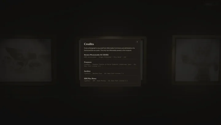 The Credits dialog over the dimmed hall. It states that every photograph is sourced from Wikimedia Commons and attributed on its frame and the car cards, then lists the four non-Wikimedia assets with their licenses: the Brown Photostudio 02 HDRI by Sergej Majboroda (Poly Haven, CC0) and the typefaces Fraunces, Archivo and IBM Plex Mono, each under the SIL Open Font License 1.1.