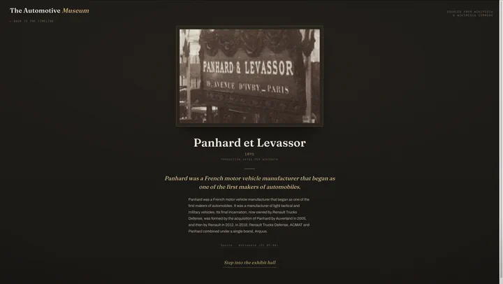 The Panhard et Levassor car card: a framed sepia photograph of the Panhard & Levassor signboard at 19 Avenue d’Ivry, Paris, above the car’s name, its 1891 production date per Wikidata, a Wikipedia summary paragraph credited Source · Wikipedia (CC BY-SA), and a link to step into the exhibit hall.