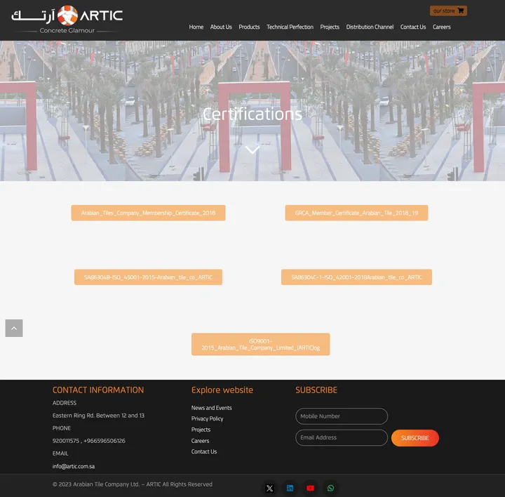 Artic: the Certifications page of artic.com.sa, full-page capture