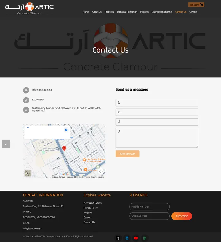 Artic: the Contact Us page of artic.com.sa, full-page capture