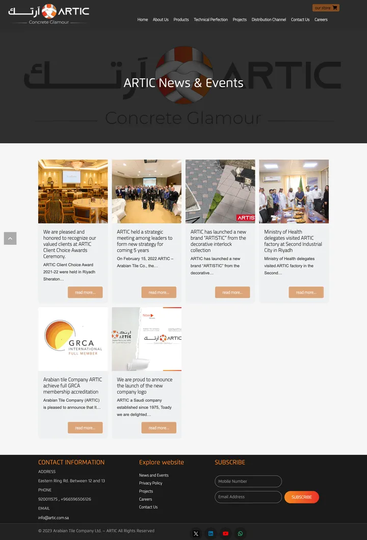 Artic: the News and Events page of artic.com.sa, full-page capture