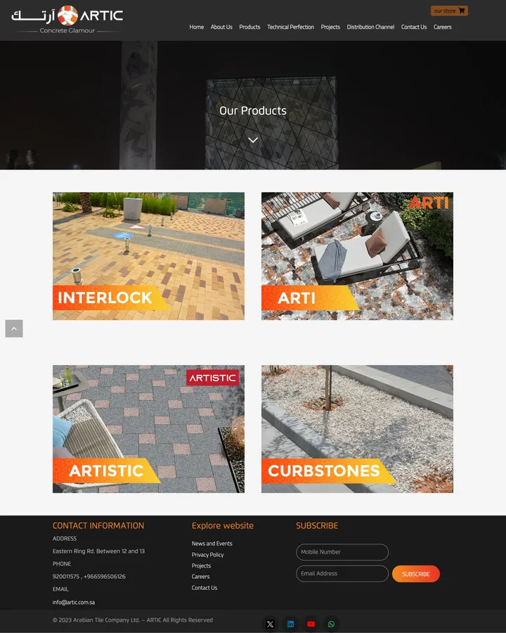 Artic: the Products page of artic.com.sa, full-page capture