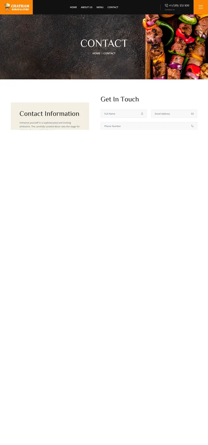 Chatham Kebab & Gyro: the Contact page of ckebabgyro.ca, full-page capture