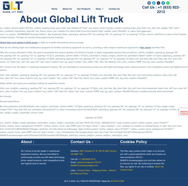 Global Lift Truck: the About Global Lift Truck and the Hybrid Pallet page of glt.qutira.com, full-page capture