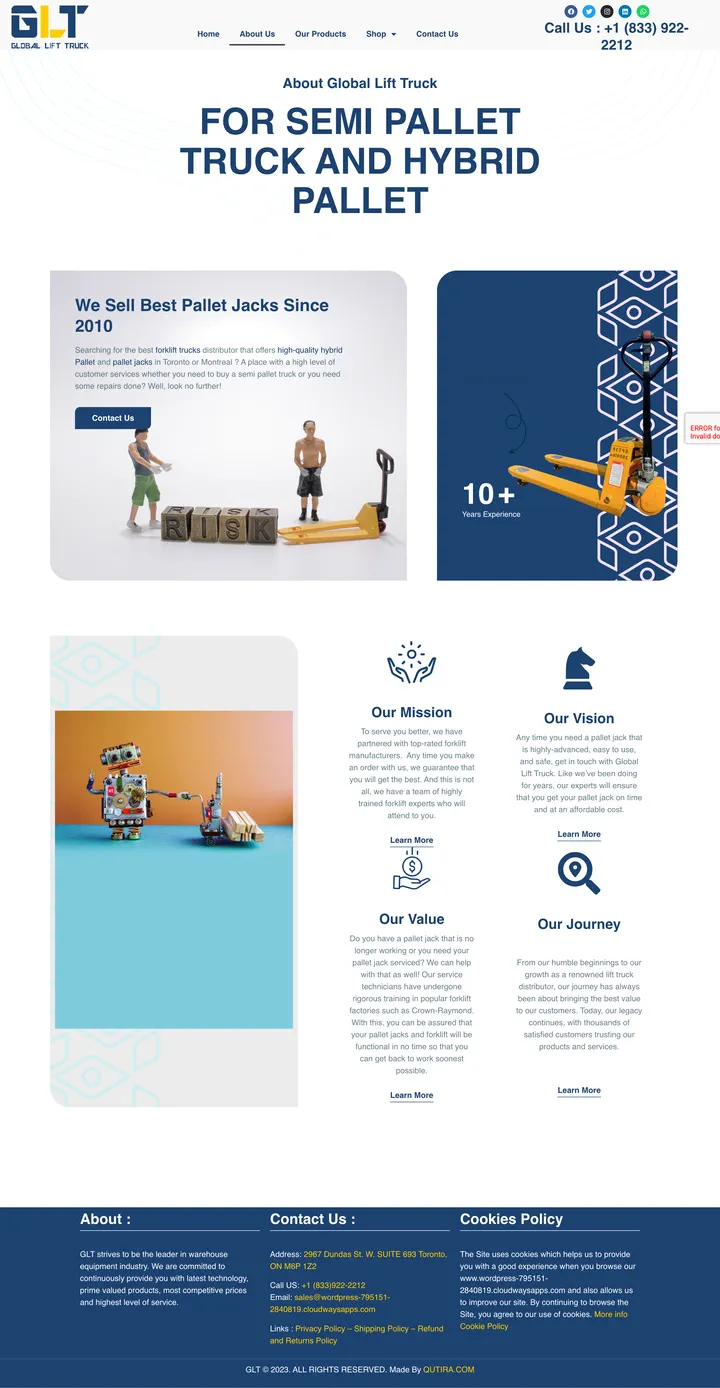 Global Lift Truck: the About Us page of glt.qutira.com, full-page capture