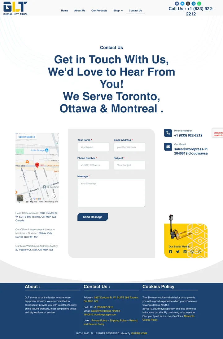 Global Lift Truck: the Contact Us page of glt.qutira.com, full-page capture