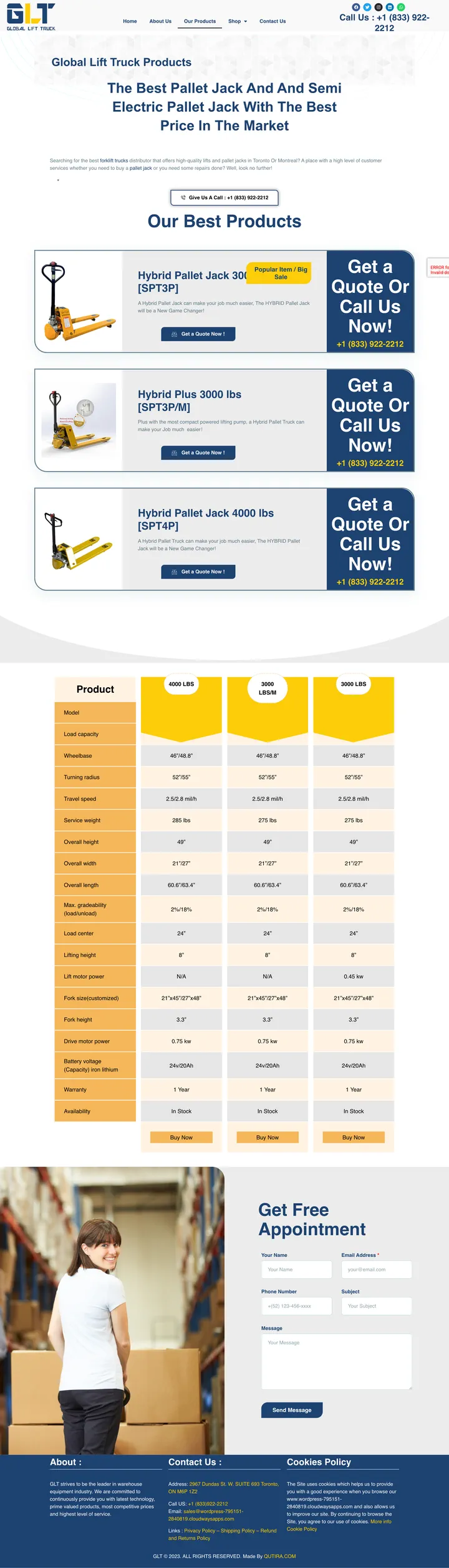 Global Lift Truck: the Products page of glt.qutira.com, full-page capture