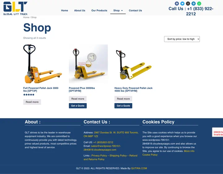 Global Lift Truck: the Shop page of glt.qutira.com, full-page capture