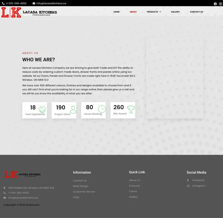 Lacasa Kitchens: the About page of lacasakitchens.ca, full-page capture