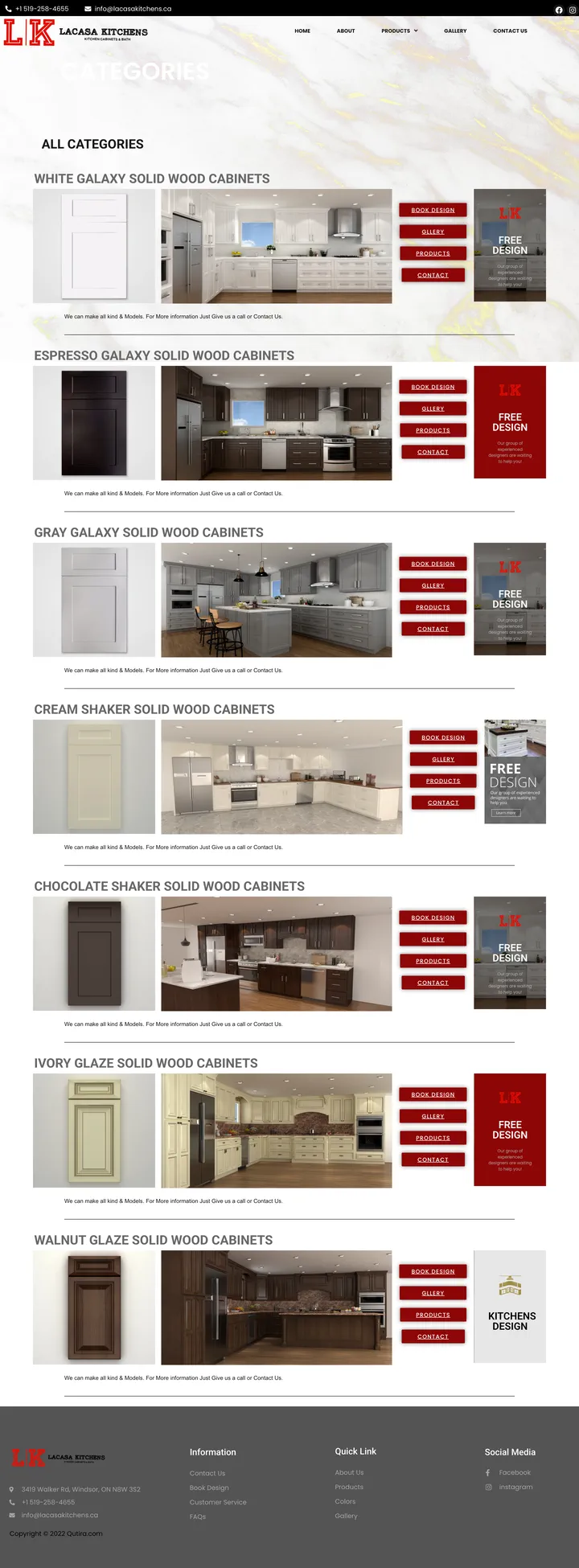 Lacasa Kitchens: the Categories page of lacasakitchens.ca, full-page capture