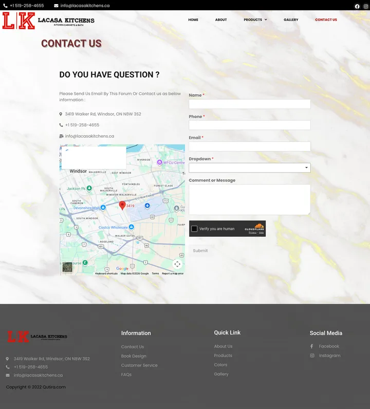 Lacasa Kitchens: the Contact Us page of lacasakitchens.ca, full-page capture