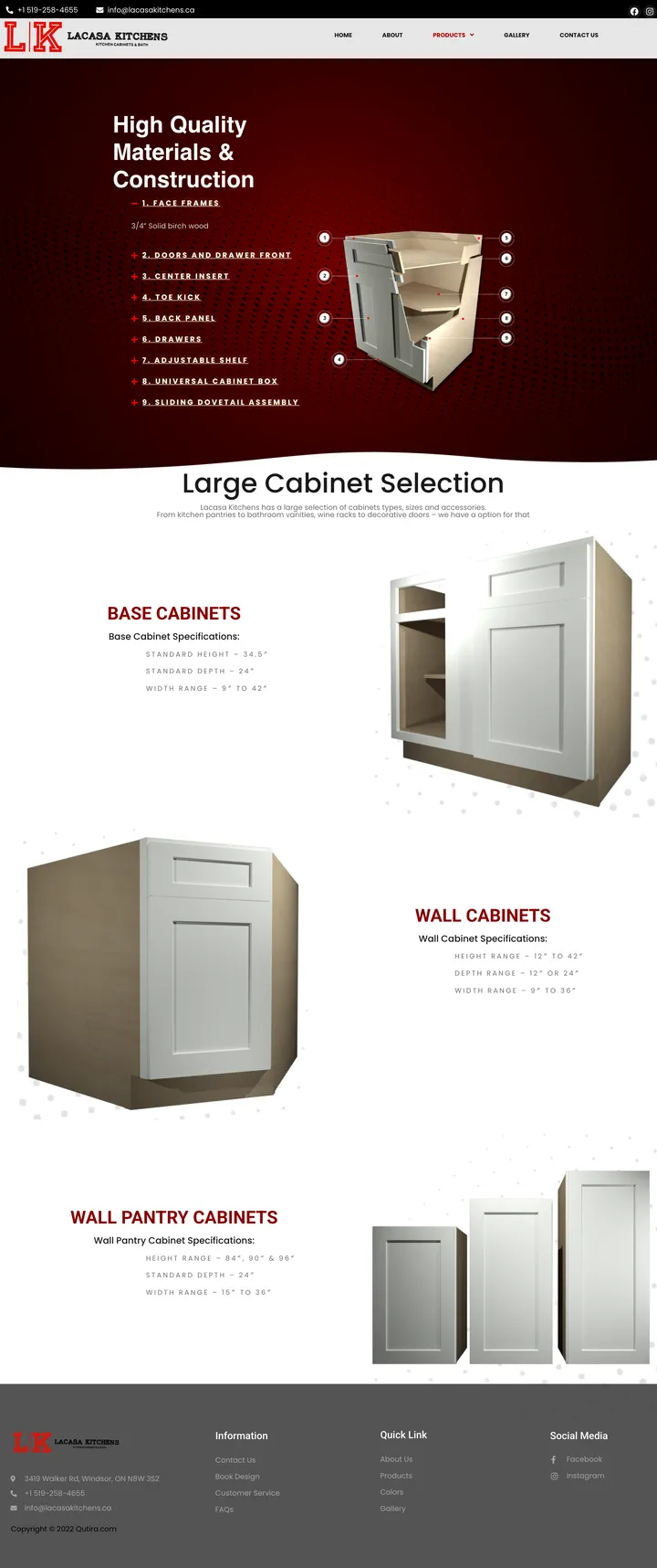 Lacasa Kitchens: the Products page of lacasakitchens.ca, full-page capture