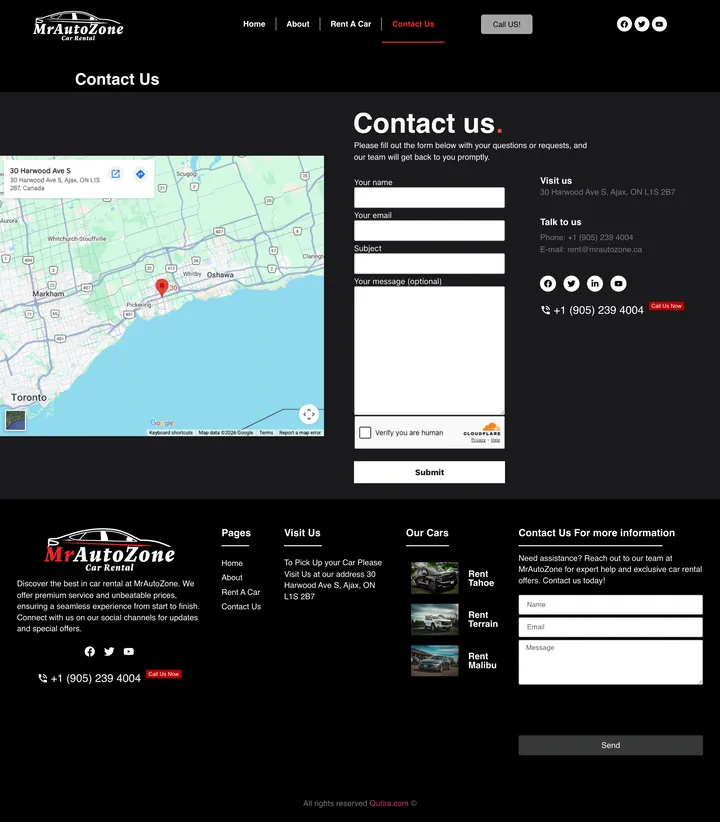 Mr Auto Zone: the Contact page of mrautozone.ca, full-page capture