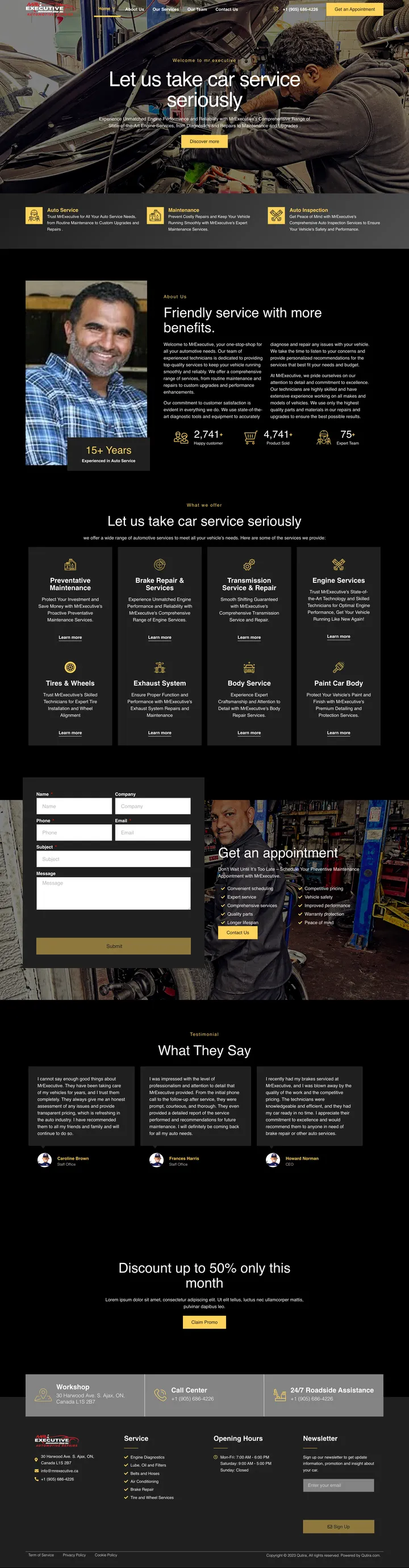 Mr Executive Auto: the home page of auto.mrexecutive.ca, the auto repair sub-brand site, full-page capture