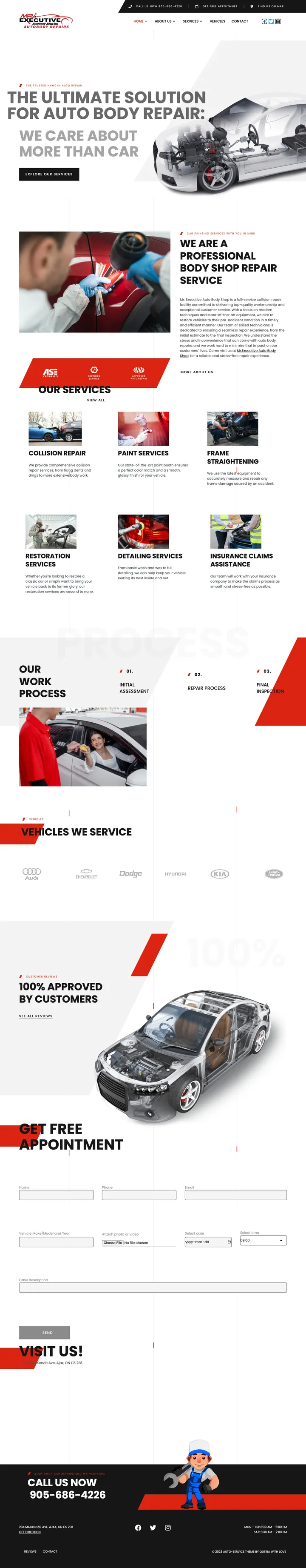 Mr Executive Body Shop: the home page of bodyshop.mrexecutive.ca, the collision repair sub-brand site, full-page capture