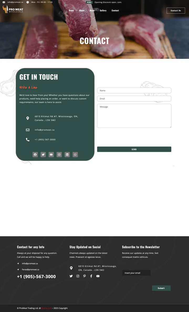 Pro Meat: the Contact page of promeat.ca, full-page capture